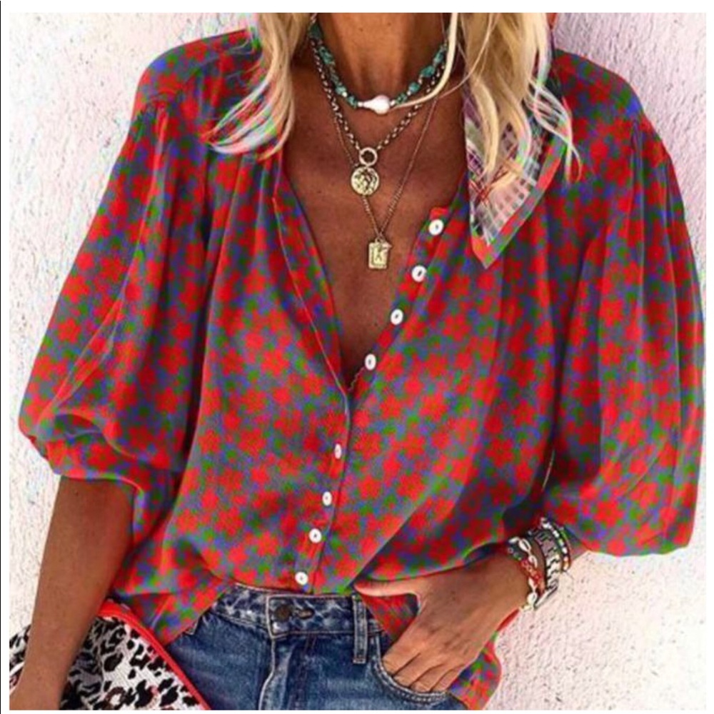 Red floral print blouse
